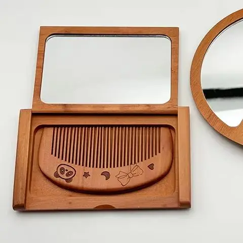 

Durable 2 in 1 Wooden Comb Mirror Set Mini Peachwood Makeup Mirror Rectangle Vintage Foldable Pocket Mirror Girl Lady
