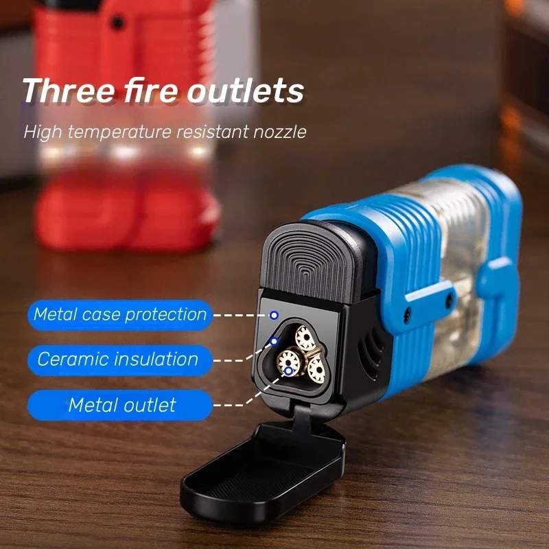 Windproof Three Flame Inflatable Lighter Butane Gas Lighter Outdoor Convenient Igniter with Cigar Knife Men's Gift