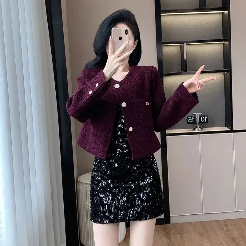New Autumn Winter Women Tweed Coat Korean Fashion Single Breasted Cropped Jacket Woman Elegant Loose Short Outerwear Clothes
