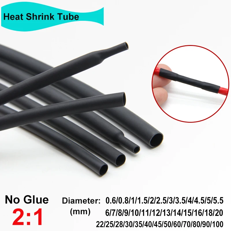 

1/5/10M Black 2:1 Heat Shrink Tube Dia. 0.6mm ~ 100mm Wire Repair DIY Cable Protector Tubing Heat Shrinkable Sheath Wrap Case