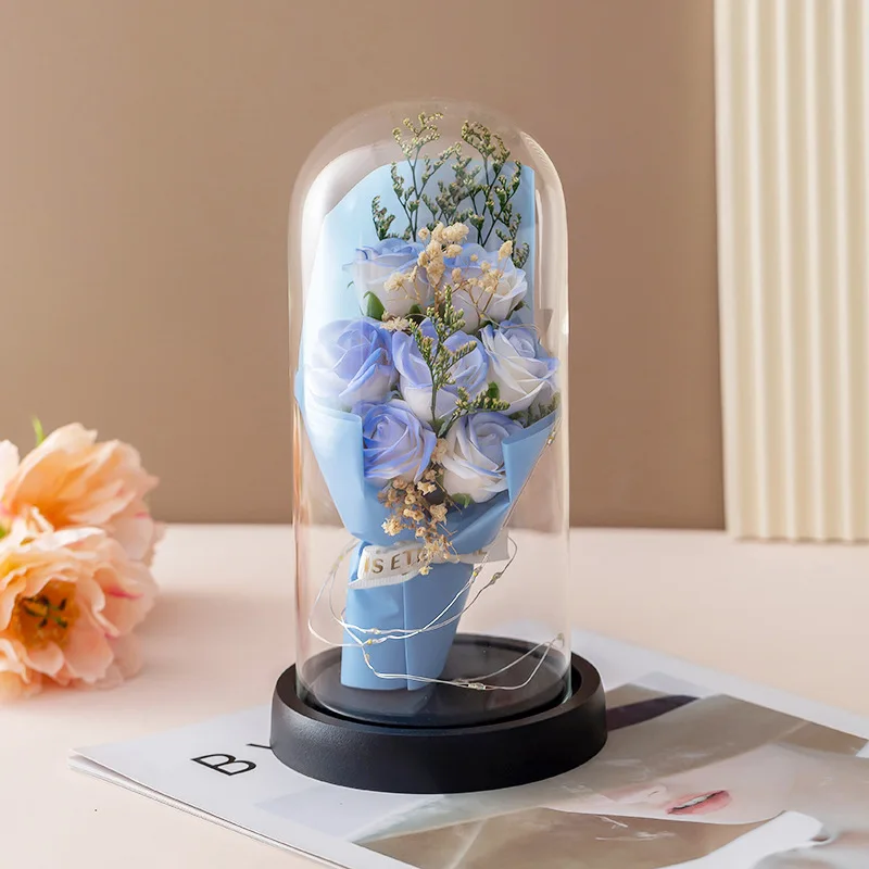 

Everlasting Rose LED Plastic Dome Bouquet Romantic Illuminated Ornament Valentine's Day Christmas Home Decor Romantic Gift