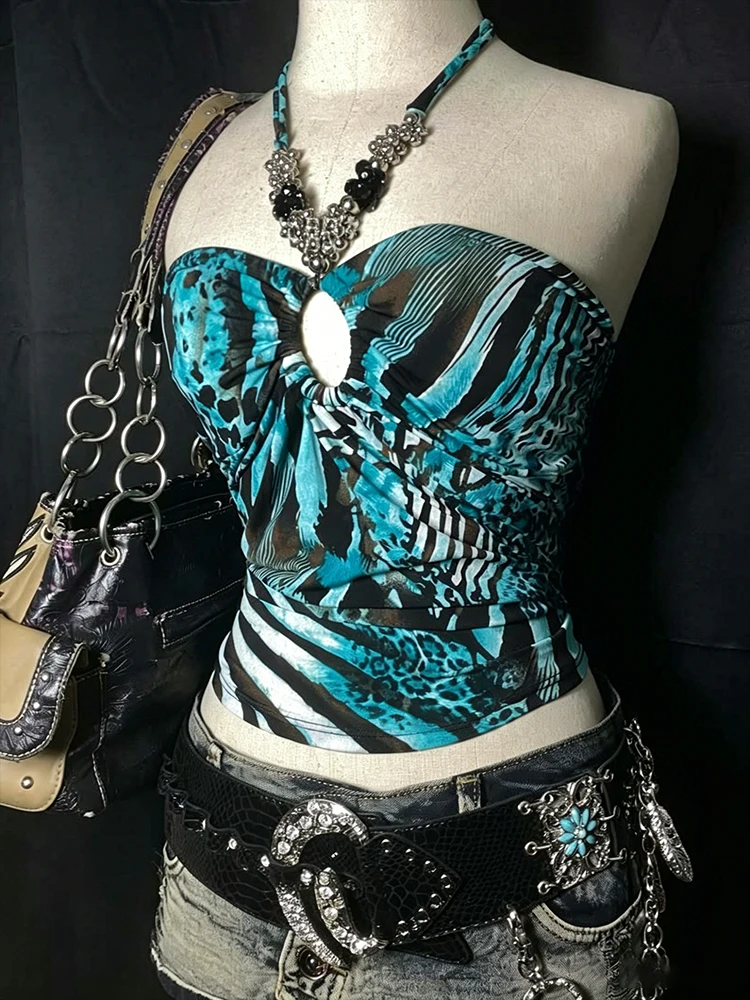 2026 New Sexy Animal Pattern Printed Hollow Beach Hot Girl Fashion Strap Hanging Neck Tank Top from Europe and America