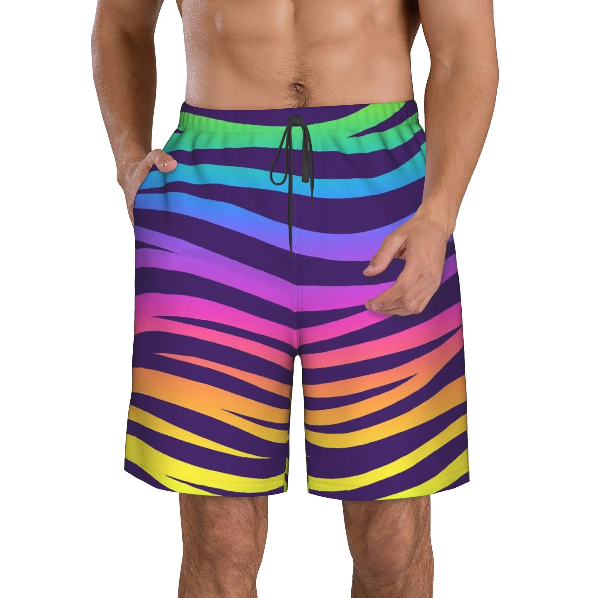 Printed Rainbow Stripes Trunks Beach Board Shorts Casual Quick Dry Swimming Summer Men Pants