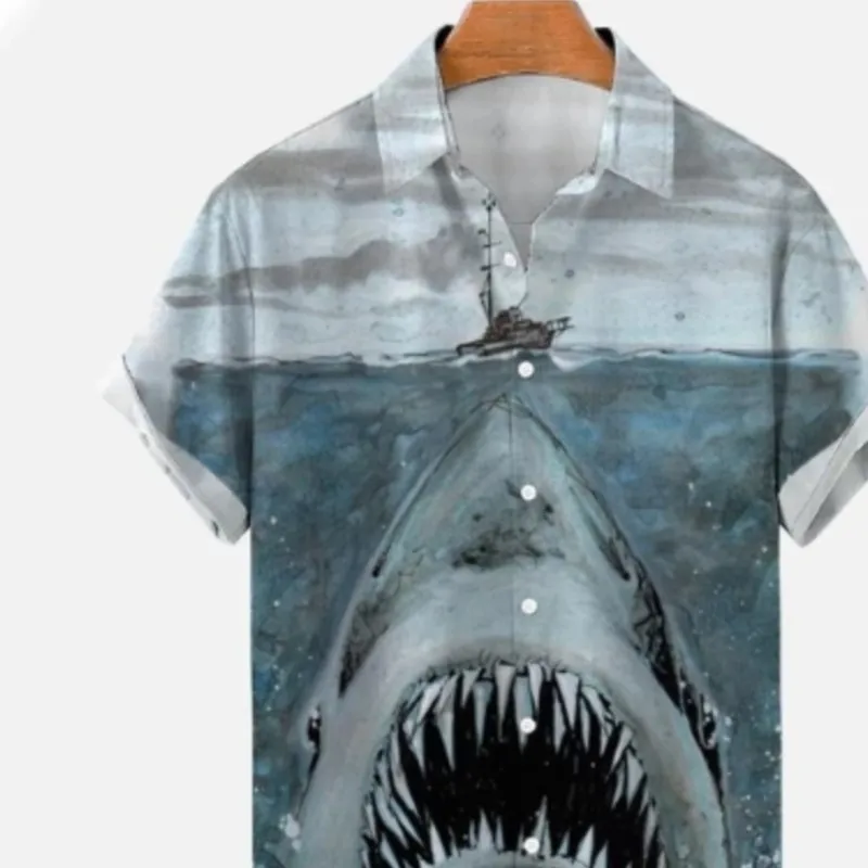 

New men's casual collar shirt with fashionable and personalized style shark printed patterns button lining top for men's summer