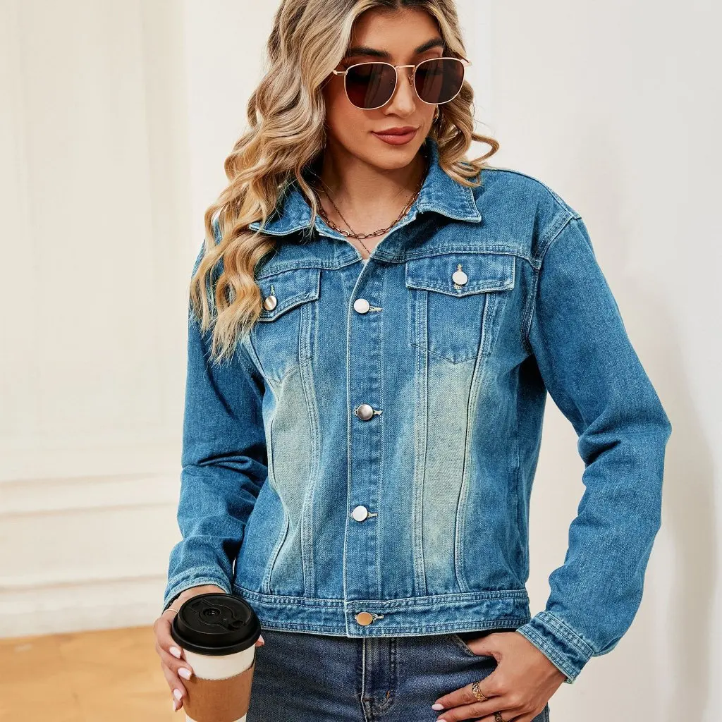 Jaket Denim Wanita Kasual Lengan Panjang Gaya Eropa dan Amerika Musim Gugur Musim Dingin Model Independen Efek Cuci