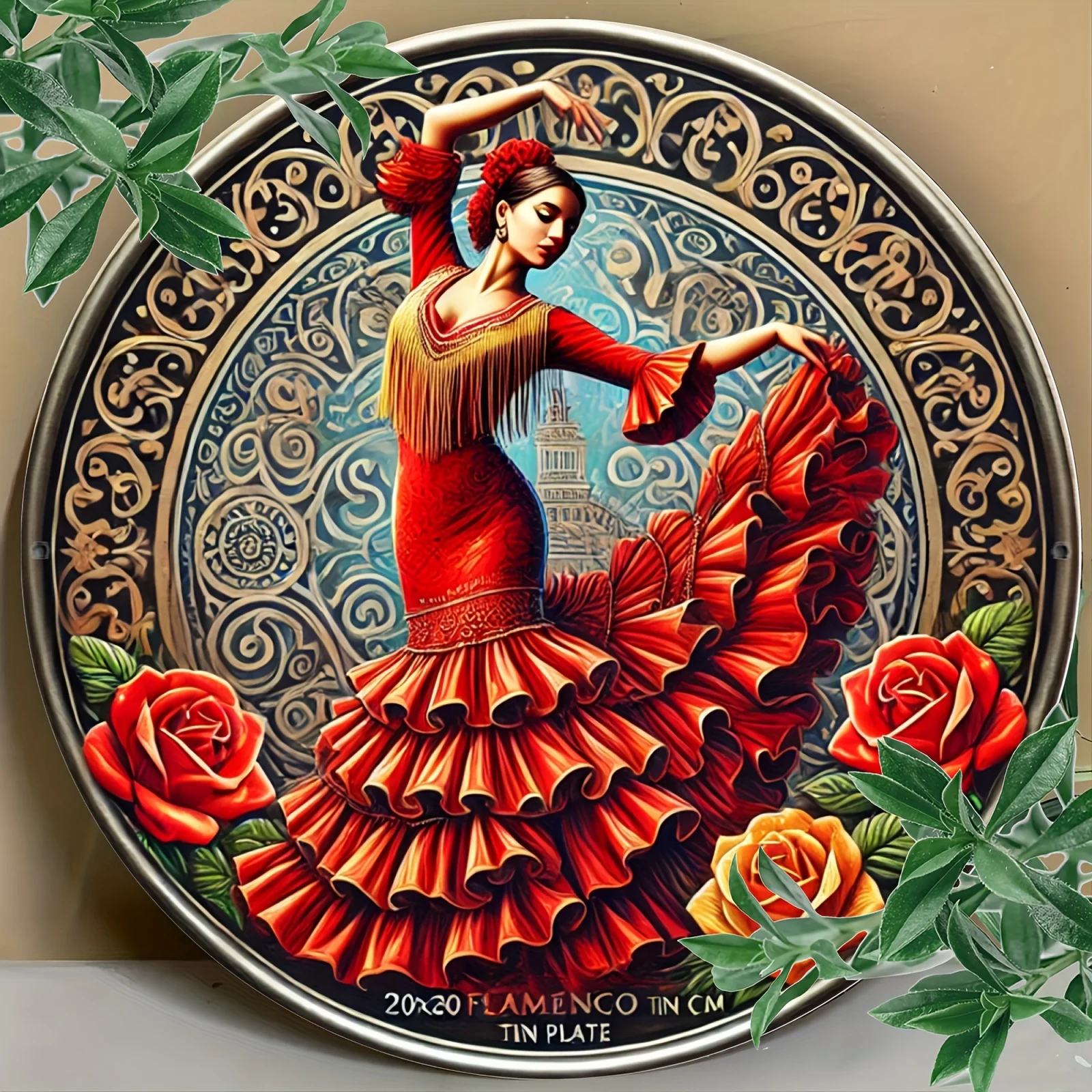

Vintage Spanish Dancer, Round Metal Tin Plaque - Aluminum Wall Art with Vibrant Flamenco Design, Perfect for Home, Bar Decor