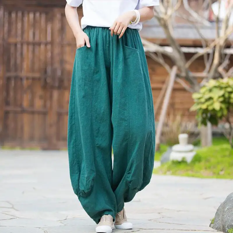 

2025 New Spring Summer Arts Style Women Elastic Waist Loose Casual Length Pants High Quality Ramie Vintage Wide Leg Pants B053