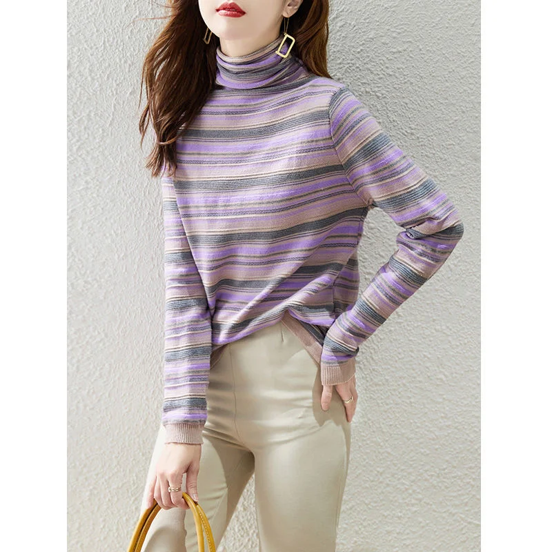 2022 Autumn Winter New Turtleneck Colorfull Striped Pullovers Sweaters Korean Style Bottoming Knitted Tops Female Clothing