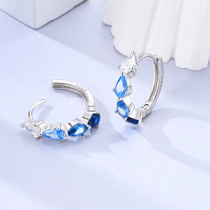 925 Sterling Silver Earrings Women Blue Gradient Drop Shape Hoop Earring For Anniversary Wedding Jewelry Gifts