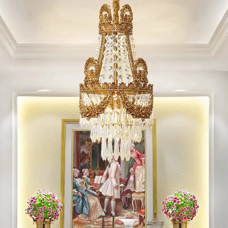 French Baroque Small Crystal Drop Lamp Chandelier European Luxury Royal Crown Bedside Cluster Pendant Light