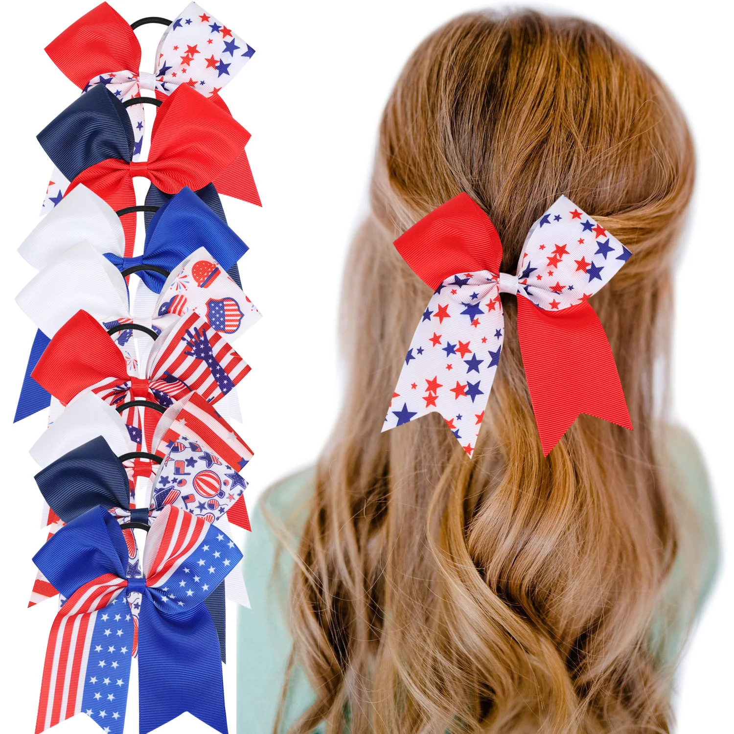 

40 PCS/Lot, 4th of July Ribbon Bow Hair Ties 5" Patriotic Hair Bow Pigtail Holders Elastic Ties Hair Bands For Children Girls