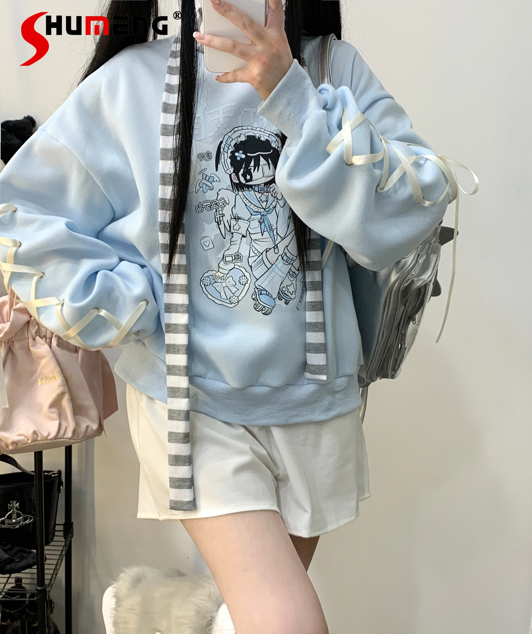 

Mine Water Color Lace Up Printing Brushed Sweatshirts for Women Subculture Loose Harajuku Long Sleeve Hoodies Women Clothes