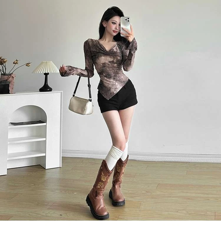 تي شيرت ياباني أنيق عتيق Y2k للنساء موضة الاتجاه كل مباراة تي شيرت ربيع الخريف جديد غير منتظم سليم صالح تي شيرت #2