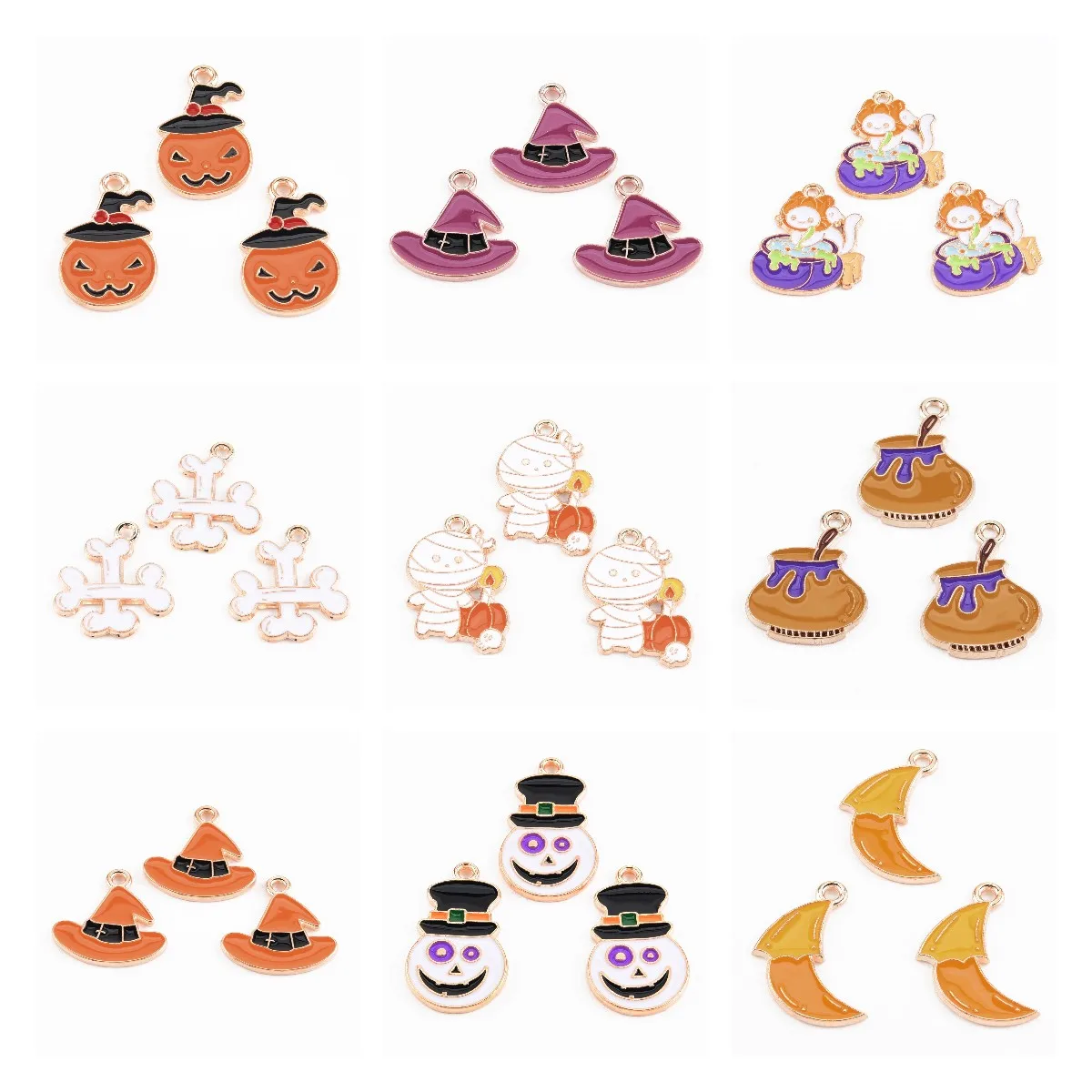 

100Pcs Mix Cartoon Enamel Cute Pumpkin Skull Mummy Bone Ghost Moon Witch Hat Halloween Charms Pendants for Handmade DIY Crafts