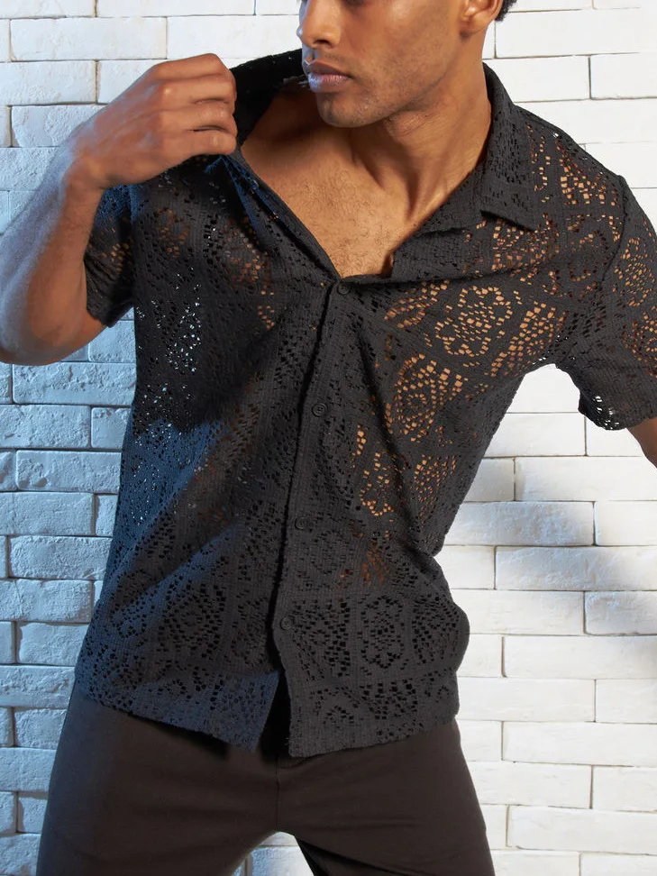 Mens Shirt Summer New Fashion Lace Short Sleeve Loose Casual T-shirt for Men