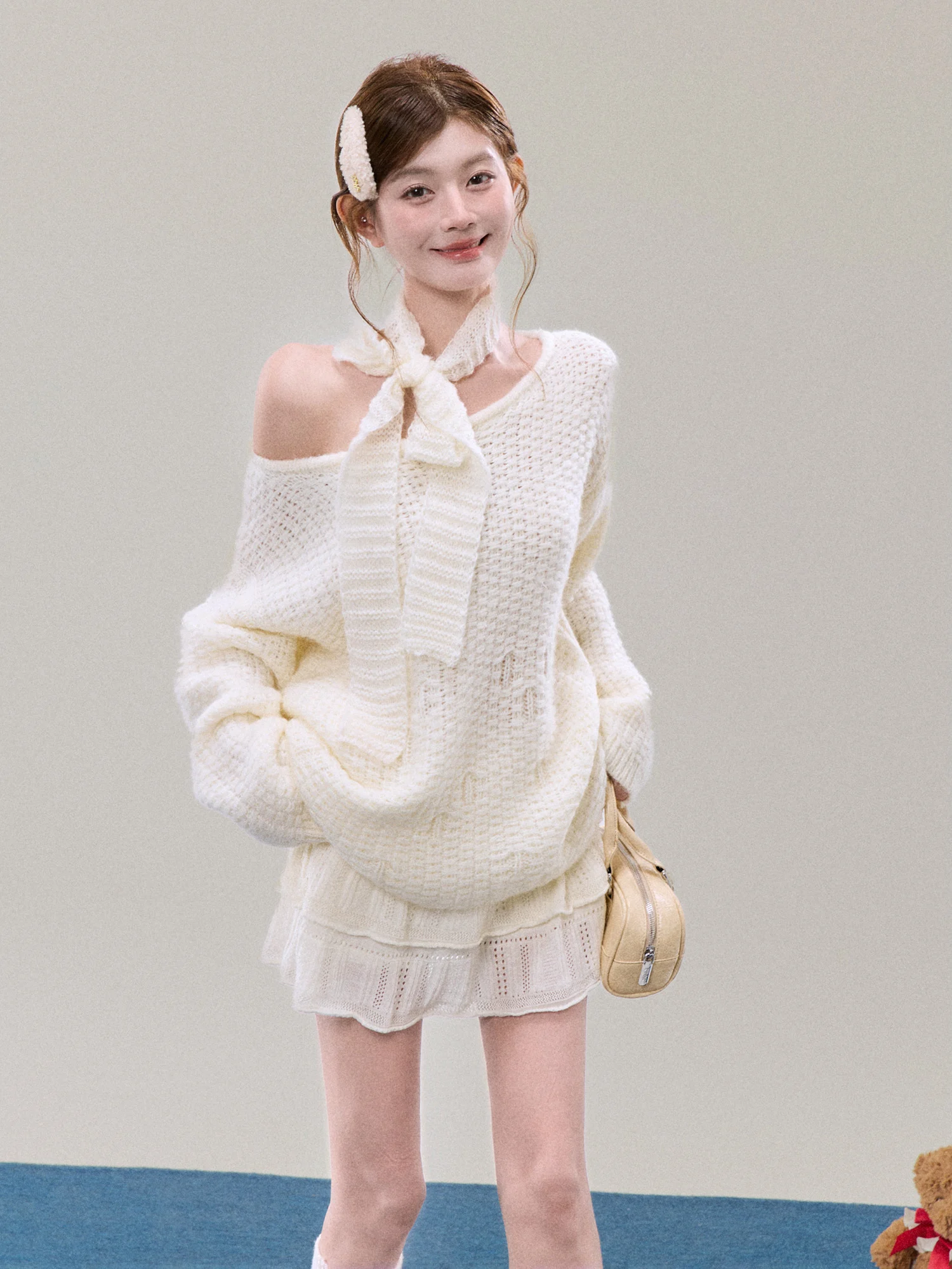 

Swee Pure Color Aosphere Sensation Knot oulder Slant Sweater Women Lazy Sle oulder Exposure Knitted irt Casual Lo...