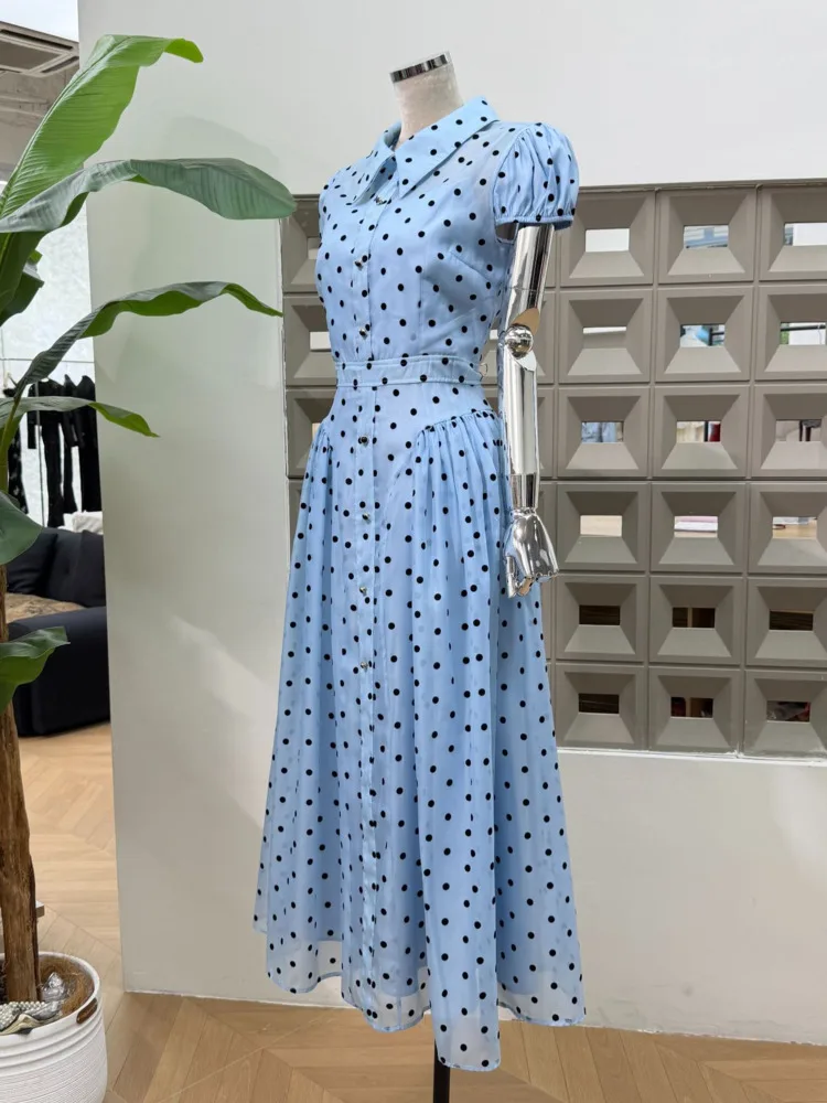 DFDG Women’s 2025 New Retro Polka Dot Sheer Dress Spring Summer Vintage Polo Collar Fashion Slender Long Elegant Design Dress