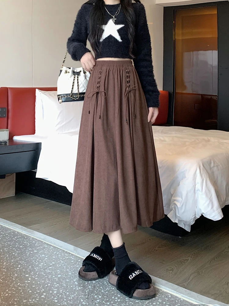 Vintage Corduroy Women Midi Skirts Y2K Autumn Winter High Waist Lace Up Pleated Skirt Ladies Streetwear All Match A Line Skirts