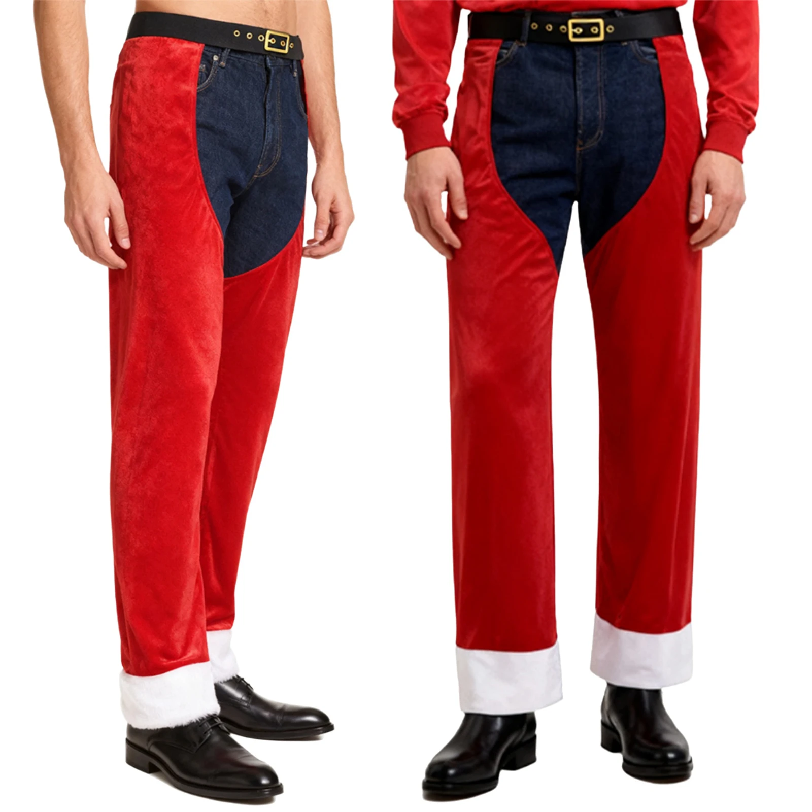 Adult Christmas Pants Xmas Party Santa Claus Cowboy Cowgirl Cosplay Performance Costume Open Crotch Tassel Velvet Chaps Trousers