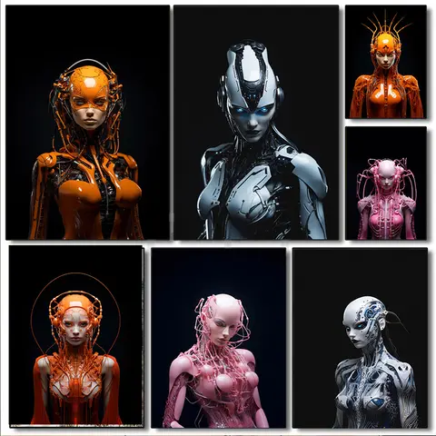 클래식 여성 로봇 초상화 포스터, 미래 공상 과학 휴머노이드 캔버스 페인팅, 벽 예술 사진, 집 거실 현대 장식