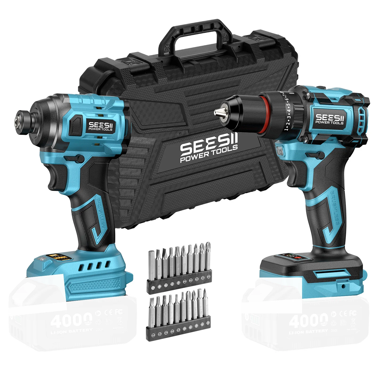 SEESII QH220/WH045 Cordless Drill & Impact Driver 21V Electric Brushless Drill Impact Wrench Variable Speed Screwdriver Battery Powered Tool Kit with 2x4.0Ah Batteries LED Light