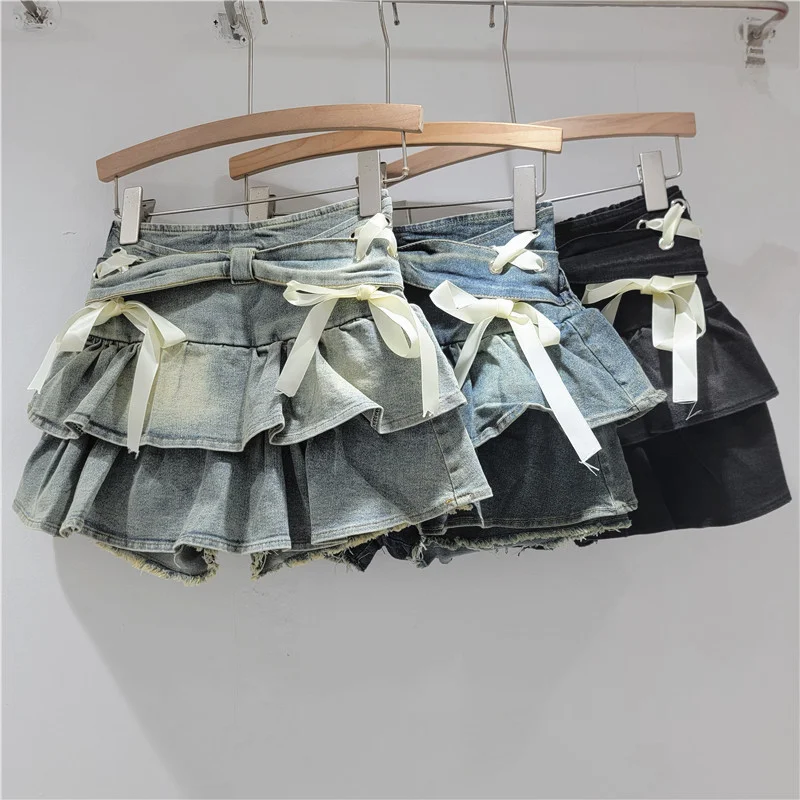 

Sweet Cool Spicy Girl Denim Cake Skirt Women's Spring Summer High Waisted A-line Bow Pleated Skirt Light Blue Mini Skirts
