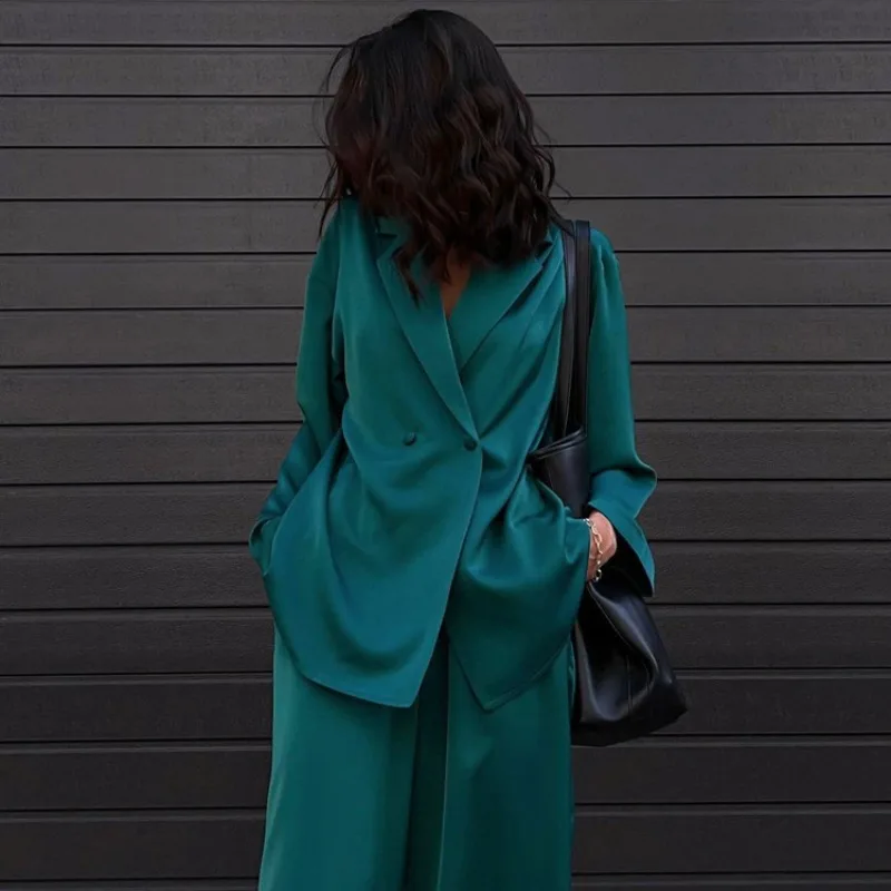 

Women Fall Spring Satin 2 Piece Blazer Outfits Business Jacket Wide Leg Work Pants Suit Solid Pantsuits Professional Office Sets