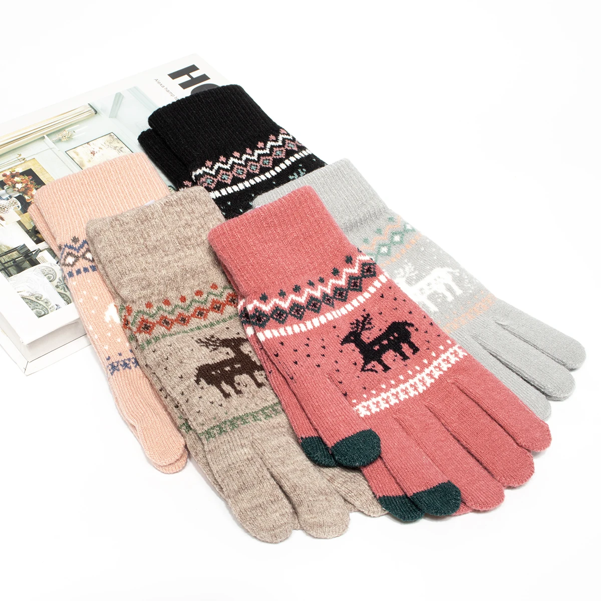Damen Winter Strickhandschuhe mit Vollfingerdesign und Weihnachtshirsch-Muster für Festliche Mode-Accessoires