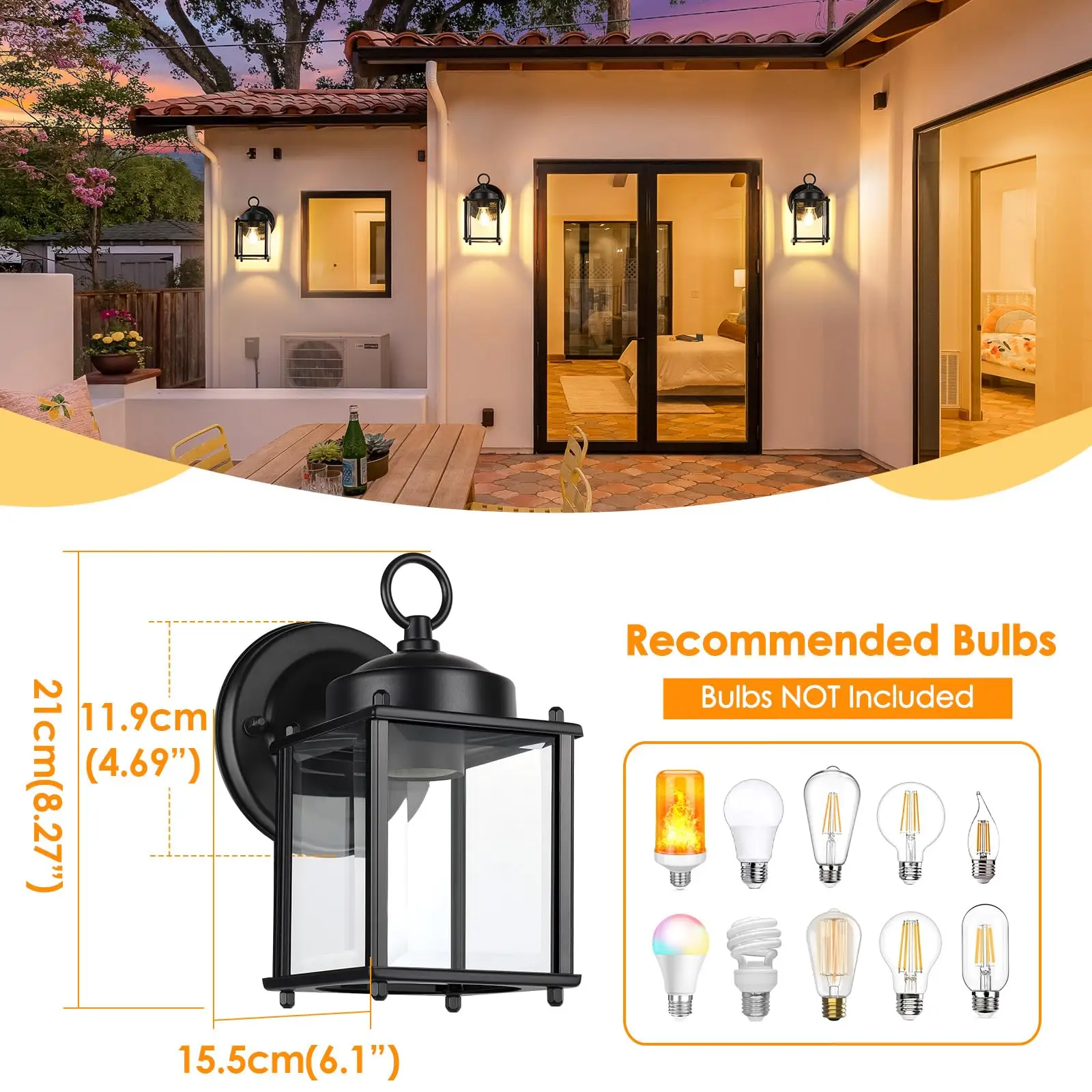 Outdoor Wall Lantern, Clear Beveled Glass Exterior Waterproof Wall Sconce Light Fixtures, Black Front Door Wall Lighting, 2 Pack