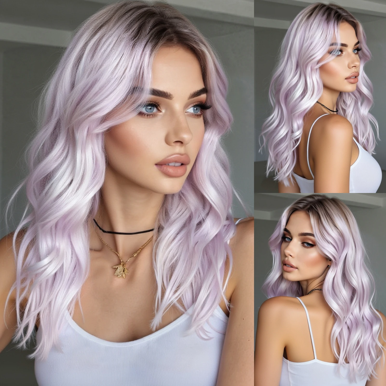 

Светло-фиолетовые синтетические парики Ombre, средняя часть, волнистый парик для женщин, термостойкие волосы для косплея на Хэллоуин с челкой, парик Лолиты