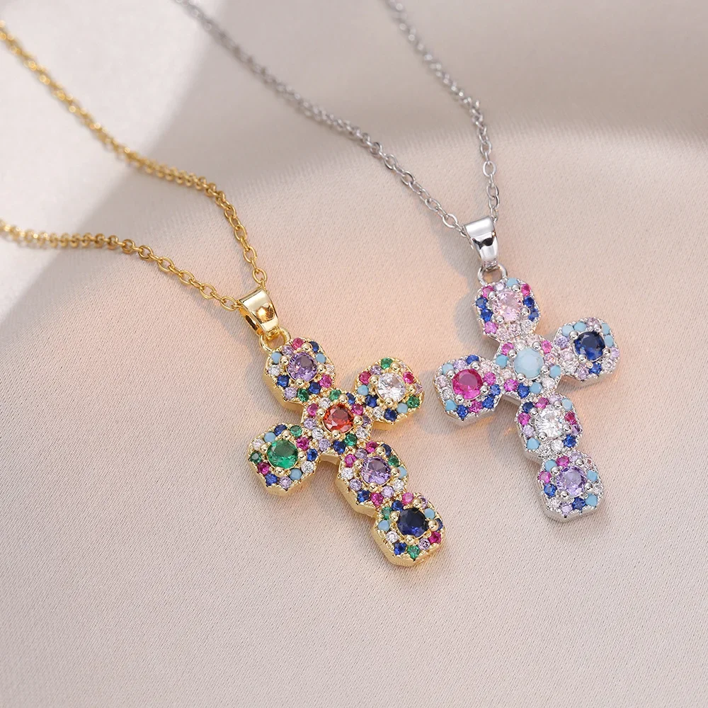 Fashion Inlaid with Colorful Zircon Cross Pendant Necklaces for Women Stainless Steel Romantic Accessories Gift for Easter Party