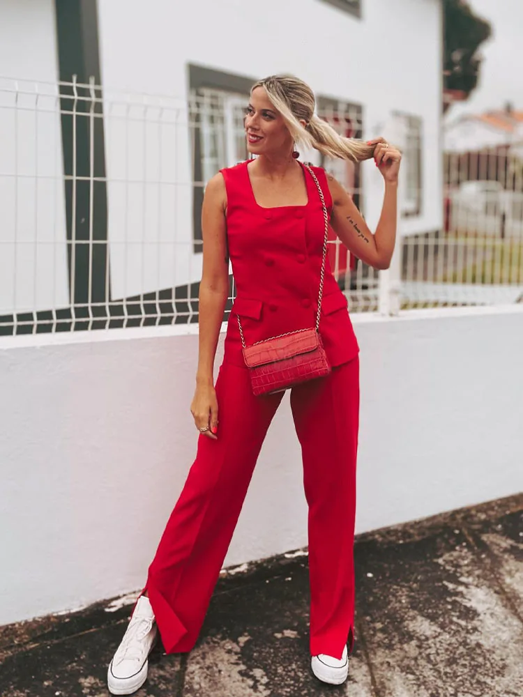 HH Abiti moda donna Collo quadrato senza maniche Gilet doppio petto Top + Pantaloni Stralght con spacco a vita media Set estivi femminili