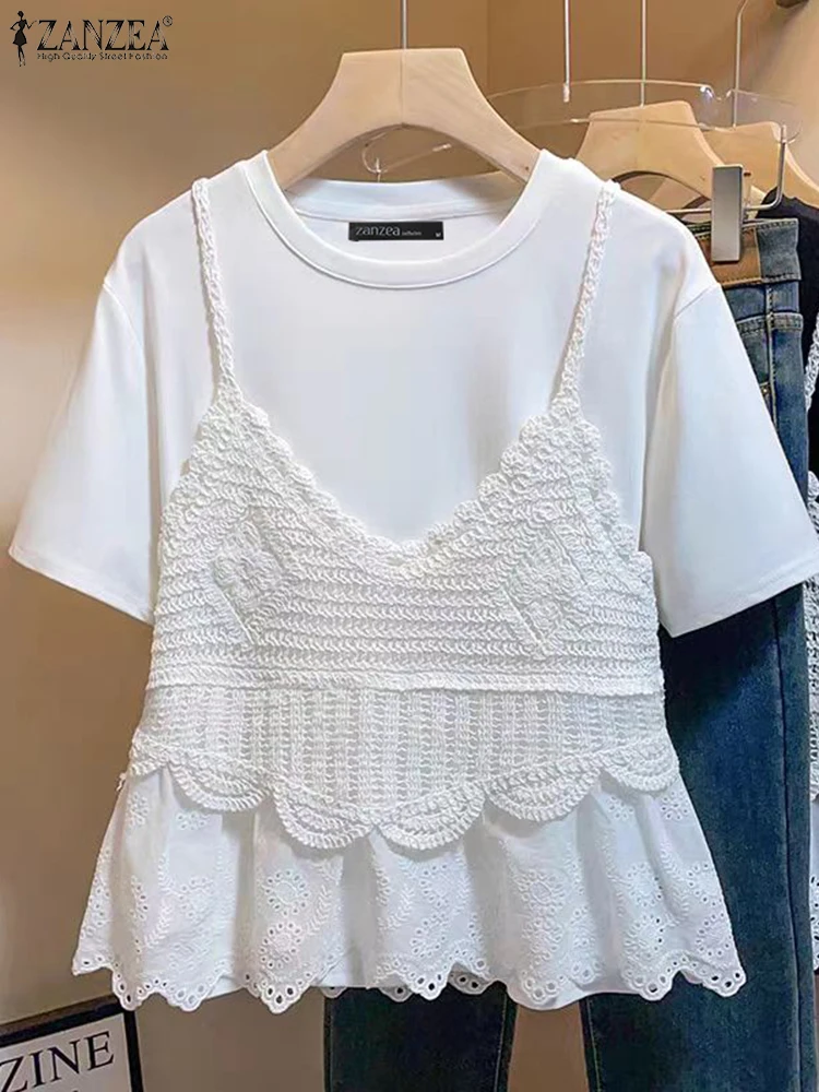 

Fashion Ruffled T-Shirts ZANZEA 2025 Women Summer Casual Tees Loose Lace Patchwork Tops Tunic Short Sleeve Tshirts Streetwear