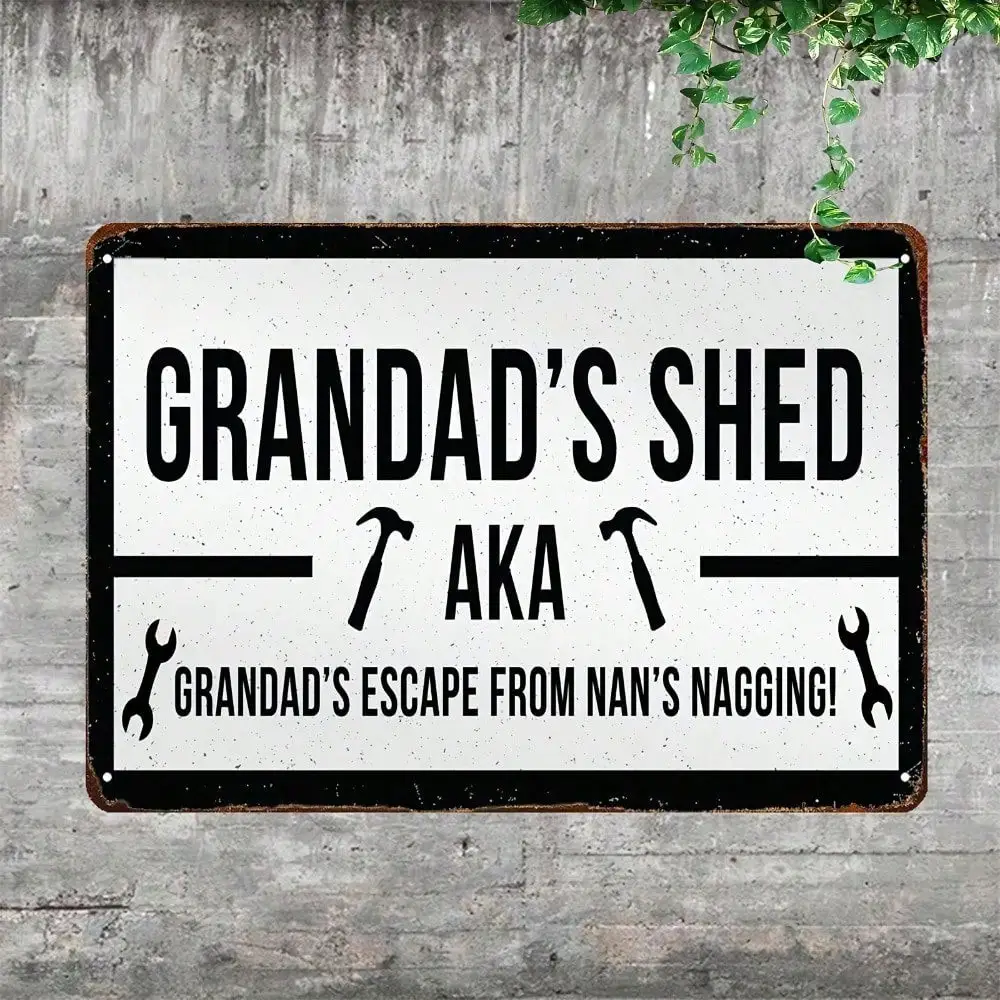 Vintage Grandad's Escape Aluminum Shed Sign, Rustic 2D Metal Wall Art for Man Cave Garden Decor