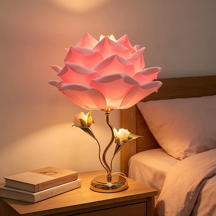 Rose Flower White Pink Petal Table Bedroom Bedside Warm Wedding Room Romantic Atmosphere Lamp Princess Wind Table