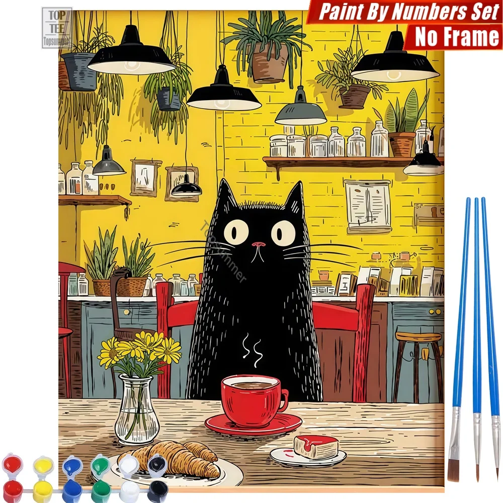 

Black Cat Caf DIY Digital Oil Paints Kit - Cat Caf Coffee Living Room Wall Art Mother'S Day Gift For Mom