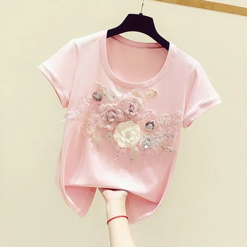 2024 New Summer Women Flower T shirts Puff Sleeve Loose Tee Tops