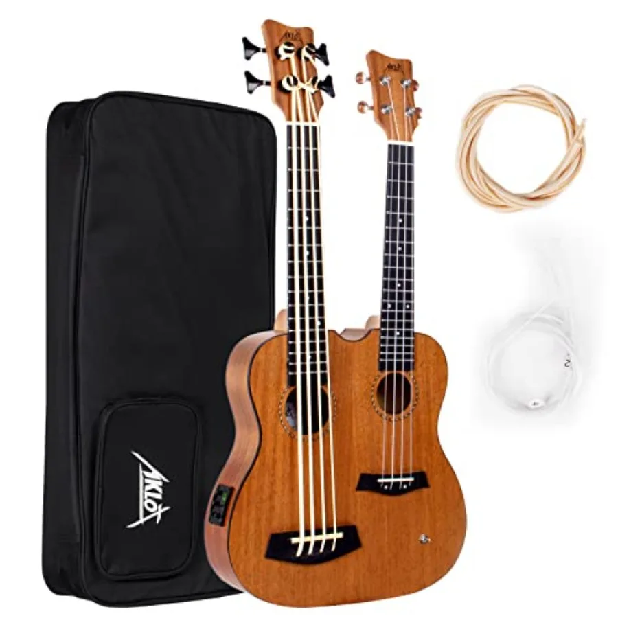

28 Inch Double Neck Bass Ukulele with Custom Headstock Full Mahogany 4 String Uke and 4 String Bass in Black with Gig Bag