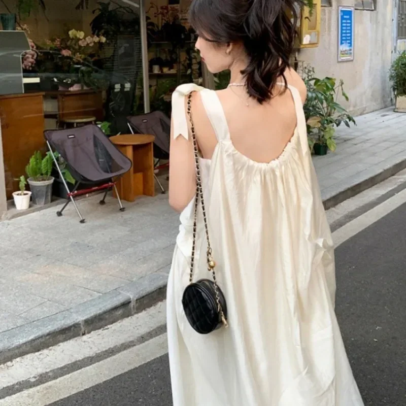 French Style Lace-up Gentle Slip Dresses Women\'s Summer New Open-back Dress Seaside Resort Beach Skirt Niche Loose Long Skirt