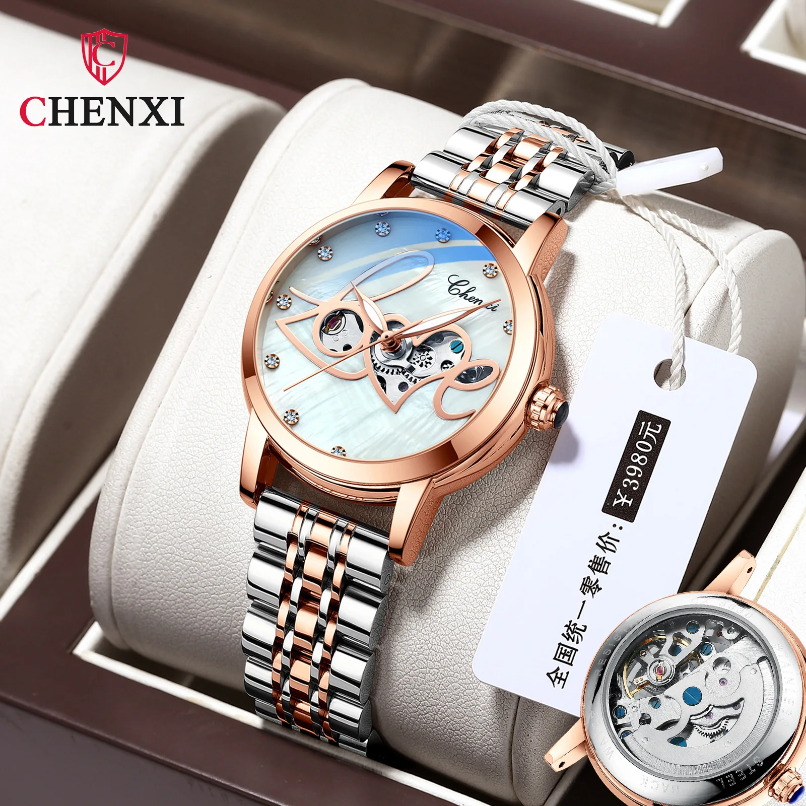 

New Fashionable Night Light Waterproof Watch for Women Solid Steel Strip Hollow out Fully Automatic Mechanical Watch