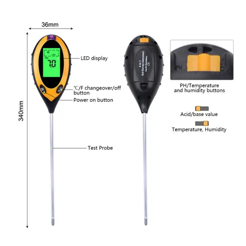 4 in 1 Soil PH Meter Tester Soil Tester PH Moisture Meter Temperature Sunlight Intensity Measurement Analysis Soil Acidity Test