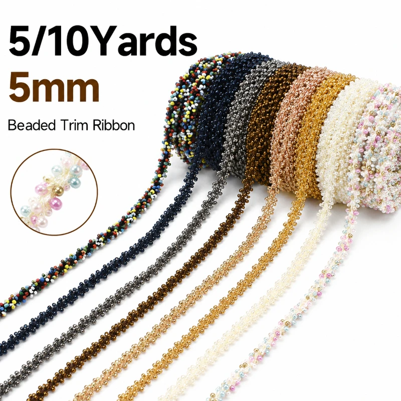Sewing Embroidery Fabric - ริบบิ้นลูกปัดมุกปักลายทองขนาด 5 มม. ยาว 5/10 หลา