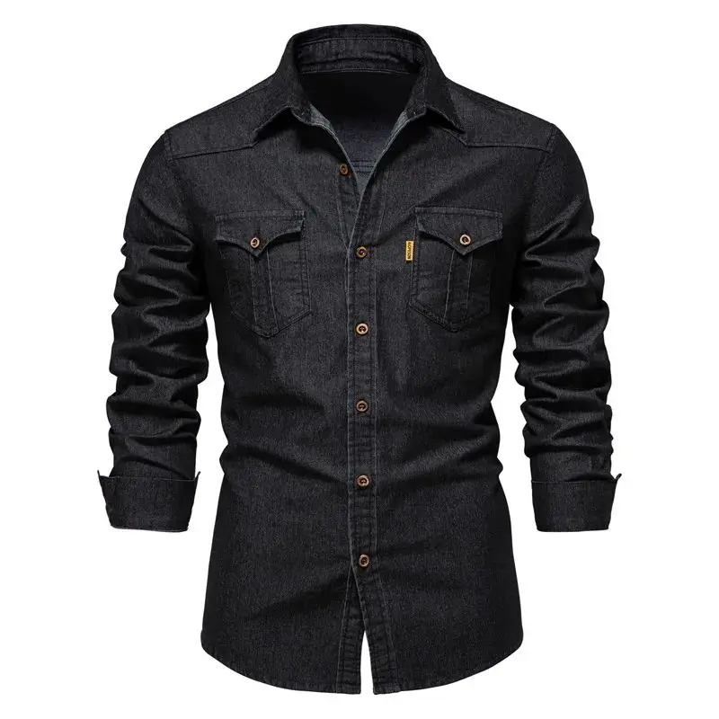 

High Quali Elastic Cotton Denim irt for Men Long Sve Ne Thiened Fce Autumn Season Special Wide Fit
