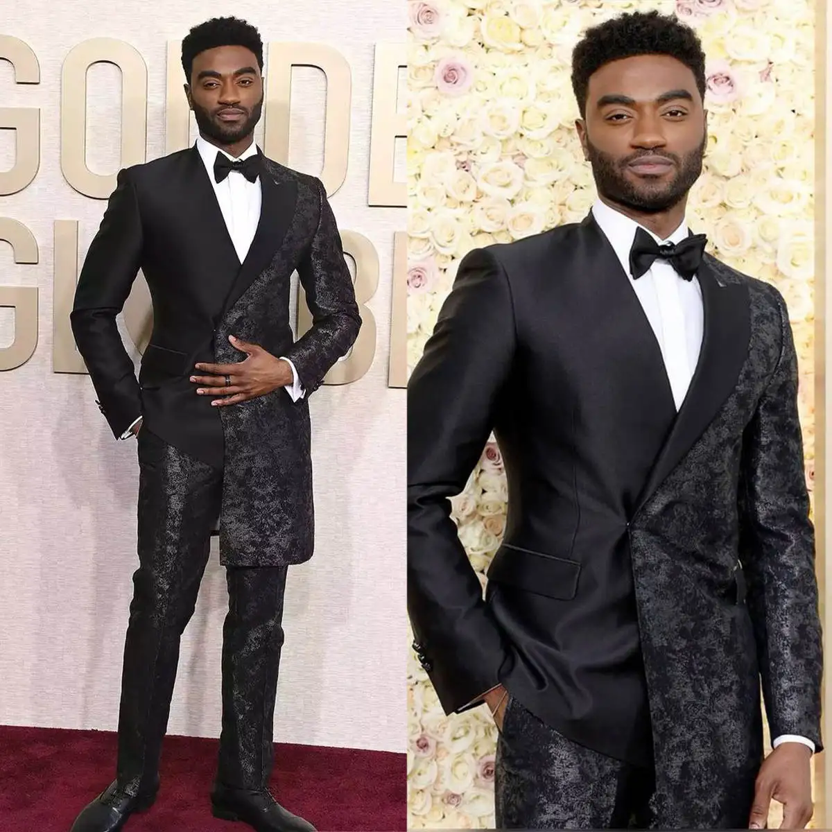 Tuxedos de mariage à motif floral noir pour hommes, vêtements de marié à double boutonnage, tenues de cérémonie de fête d'anniversaire QueBusiness, 2 pièces