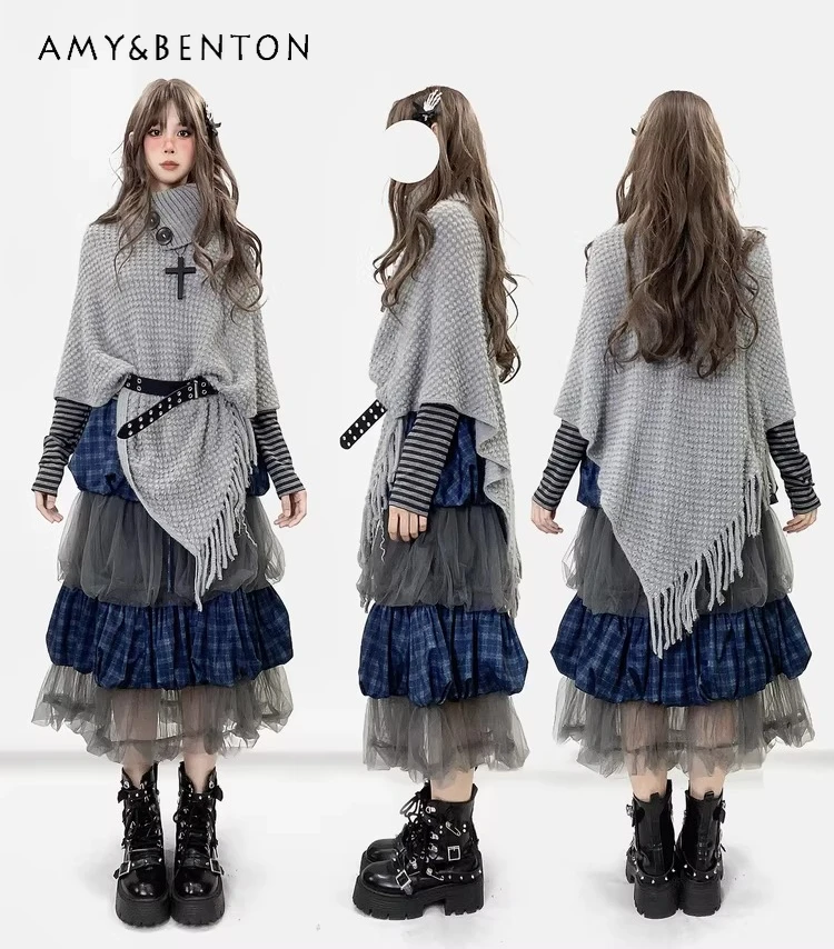 

Осенне-зимняя женская вязаная шаль в стиле Y2K с высоким воротом, серая, с асимметричными бахромами, свободного кроя, повседневная, универсальная, для работы и отдыха