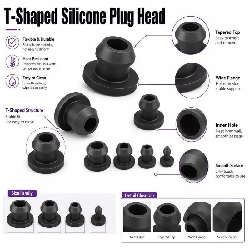 20/10/5 Stück Schwarze Konische Aufsteckbare Silikon-Gummi-T-Stecker 2,5-15mm Endkappen Rohreinsätze Hochtemperaturbeständig – Detail 5