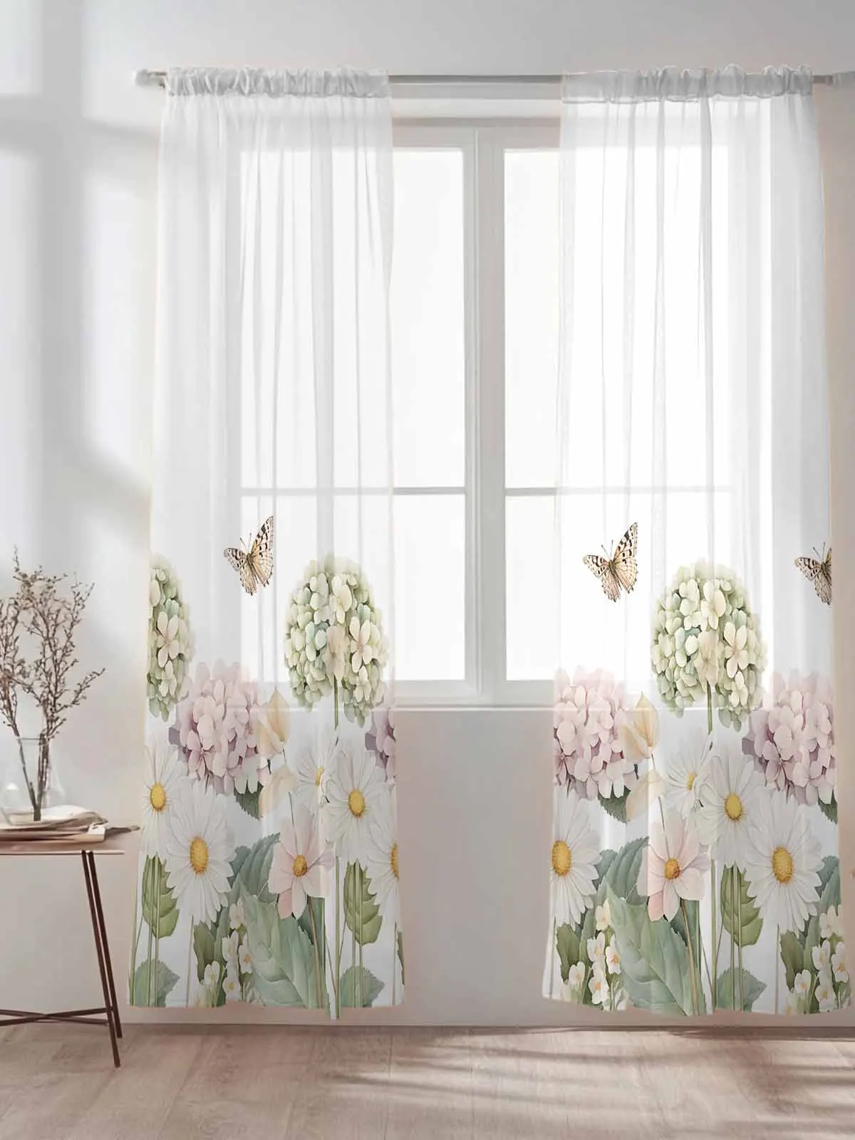

Flower Hand-painted Daisy Plant Voile Sheer Window Drapes Curtains for Bedroom Living Room