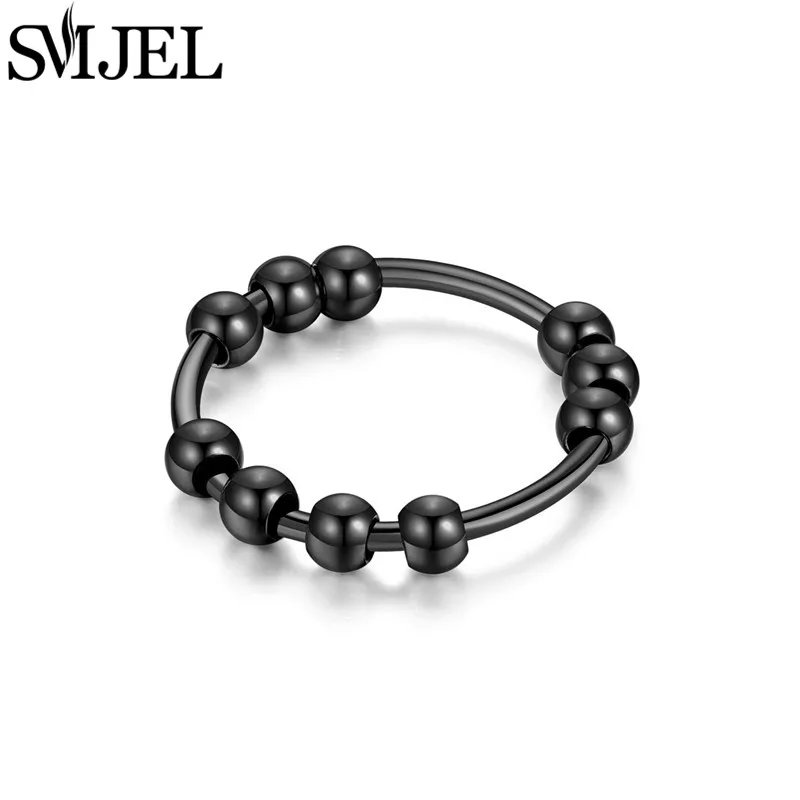 Metal Round Beads Anxiety Rings for Women Men Rotate Freely Black Spiral Fidget Balls Ring Anti Stress Jewelry Bague Homme 2024