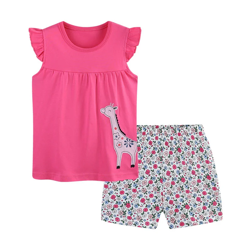Giraffe Embroidery 2-Piece Summer Outfit for Girls Sleeveless Tops And Shorts Set Baby Fashion Clothing Suits New Arrival