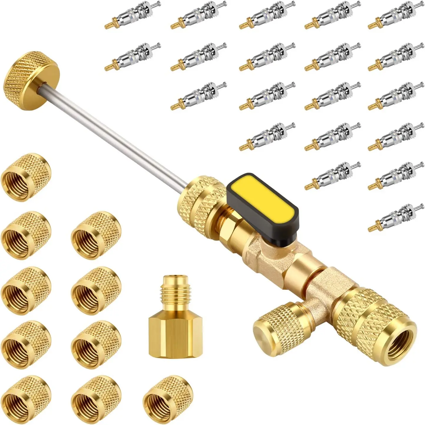 Valve Core Remover Installer Tool Kit with Dual Size SAE 1/4 & 5/16 Port for with R22 R12 R407 R410 R404 R32 R600 HVAC System